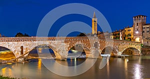 Ponte di Pietra. Bridge in Verona during night, Italy,