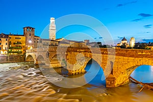 Ponte di Pietra. Bridge in Verona during night, Italy,