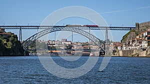 The Ponte Dom Luis I Bridge spanning the River Douro between Porto on the north bank and Vila Nova de Gaia on the south bank.