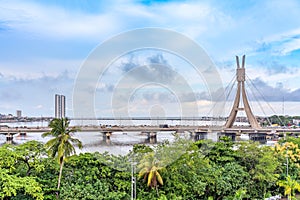 Ponte Encanta Moca, Enchanted lady Bridge, and Capibaribe river view from Shopping Rio Mar, Recife, Pernambuco, Brazil photo