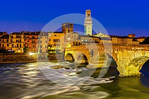 Ponte Pietra and Adige at night, Verona, Italy