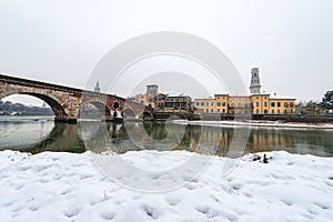 Ponte Pietra and Adige River - Ancient stone bridge in Verona Italy