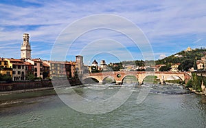 Ponte Pietra bridge across the Adige river in Verona, Italy