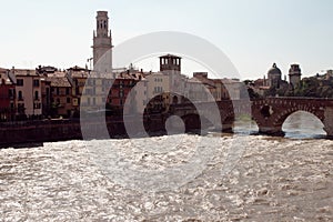 Ponte Pietra and Duomo di Verona. Italy.