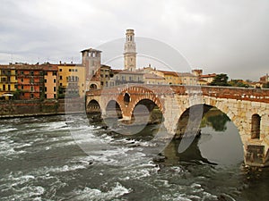 Ponte Pietra, the Roman Arch Bridge over the Adige River in Verona