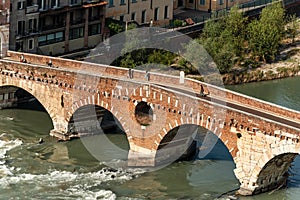 Ponte Pietra - Stone bridge and River Adige in Verona Italy