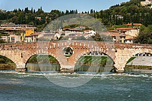 Ponte Pietra - Stone bridge and River Adige in Verona Italy