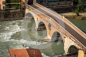 Ponte Pietra - Stone bridge and River Adige in Verona Italy