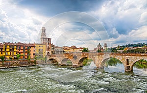Ponte Pietra Stone Bridge up on the Adige river in Verona, Italy.
