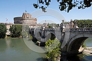 Ponte Sant\'Angelo bridge with statues of the angels and Mausoleum in Rome, Italy