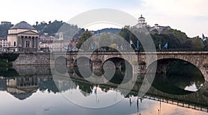 Ponte Umberto I, bridge over the River Po. in the centre of Turin. The Church of Gran Madre, Chiesa Gran Madre di Dio in distance