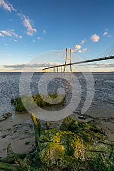 Ponte Vasco da Gama Bridge view near the Rio Tejo river at sunset, Portugal