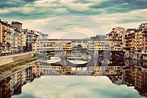 Ponte Vecchio bridge in Florence, Italy. Arno River, vintage