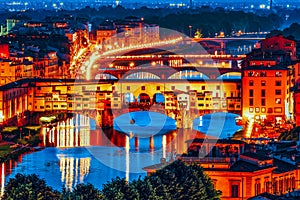 Ponte Vecchio is a bridge in Florence, located at the narrowest point of the Arno River, almost opposite the Uffizi Gallery. Night