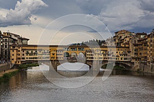 The Ponte Vecchio, a medieval stone closed-spandrel segmental arch bridge over the Arno River