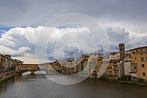 The Ponte Vecchio, a medieval stone closed-spandrel segmental arch bridge over the Arno River