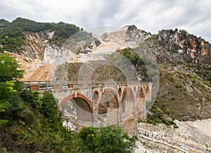 Ponti di Vara bridges in Carrara marble quarries, Tuscany, Italy. In the Apuan Alps. Quarrying marble stone is an