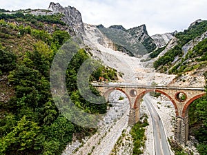 Ponti di Vara bridges in Carrara marble quarries, Tuscany, Italy. In the Apuan Alps. Quarrying marble stone is an
