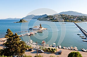 Pontikonisi and Vlacheraina monastery across the Chalikiopoulou Lagoon as seen from the hilltop of Kanoni on Corfu,Greece.