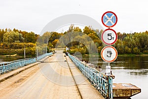 Ponton bridge with traffic signs over the Klyazma River in Gorokhovets