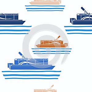 Pontoon Boat on Wavy Water Vector Illustration Seamless Pattern