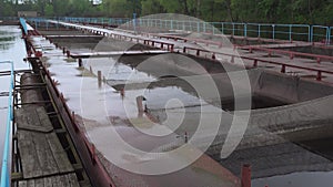 Pontoon sturgeon fish farm on a fresh water river