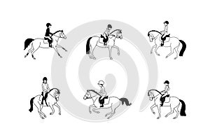 Pony riders, black and white vector illustration
