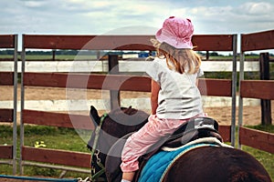 Pony riding, young girl as a horseback jockey rear view. female child as a horse rider. equestrian ride lesson for little kids.