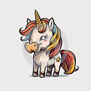 Pony Unicorn with Big Eyes and Golden Wings, Hooves on white Background, Cartoon Character Hand Drawn Vector Illustration