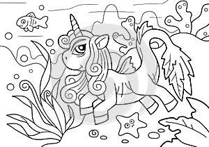 Pony unicorn swims underwater, coloring book