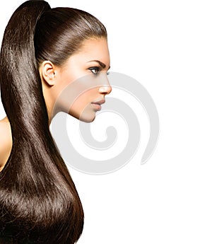 Ponytail Hairstyle. Beauty with Long Brown Hair