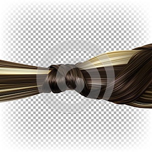 Ponytail made of vector 3D realistic hair. Beautiful hairstyle.Brown hair dyed with light strands. Highlighting technique