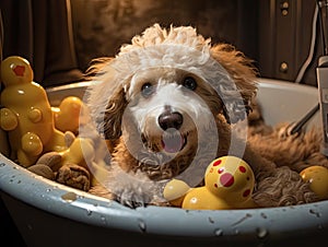 Poodle bathes in toy bathtub