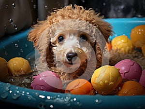Poodle bathes in toy bathtub