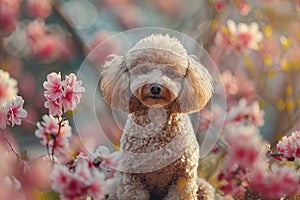 Poodle with blooming pink flowers in background. AI Generated