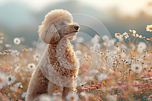 Poodle with blooming pink flowers in background. AI Generated