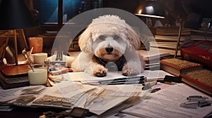poodle dog at a desk