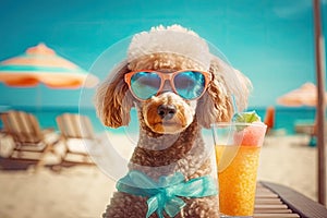 Poodle dog is relaxing on the beach with a cocktail. The concept of summer tourism. Generative AI