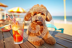 Poodle dog is relaxing on the beach with a cocktail. Resort holiday concept. Generative AI