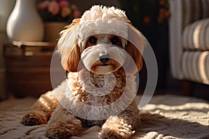 Poodle dog sitting on the carpet at home, adorable companion