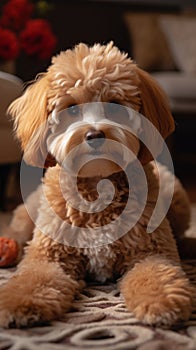 Poodle dog sitting on the carpet at home, adorable companion