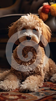 Poodle dog sitting on the carpet at home, adorable companion