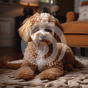 Poodle dog sitting on the carpet at home, adorable companion