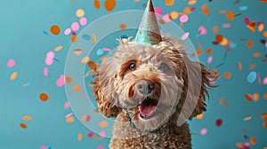 A poodle dog wearing a colorful party hat with confetti around it sits on a blue background