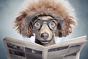 A poodle dog wearing glasses is reading a newspaper and is very surprised