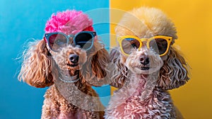 Poodle Paradise: Stylish Canine Duo in Sunglasses & Vintage Accessories, AI Studio Shot with Vibrant Colored Frames & Yellow