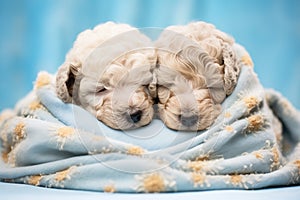 poodle puppies snuggling in a soft blanket