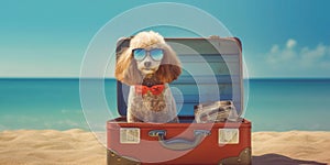 Poodles Sunny Retreat Suitcase Adventure and Stylish Sunglasses - travel and holiday concept. Generative AI