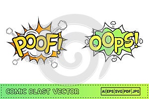 Poof comic explosion with white and yellow color. Oops, comic pop-up with light green, yellow, and white color. Comic burst with