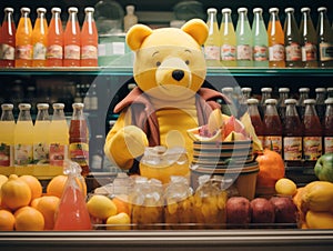 the pooh bear is holding an orange near many bottles